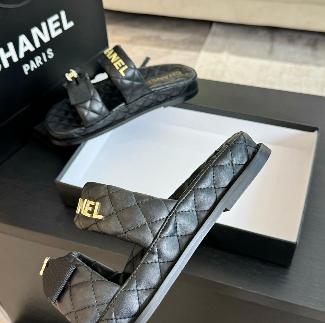 CHANEL Mule Sandals Lambskin Black