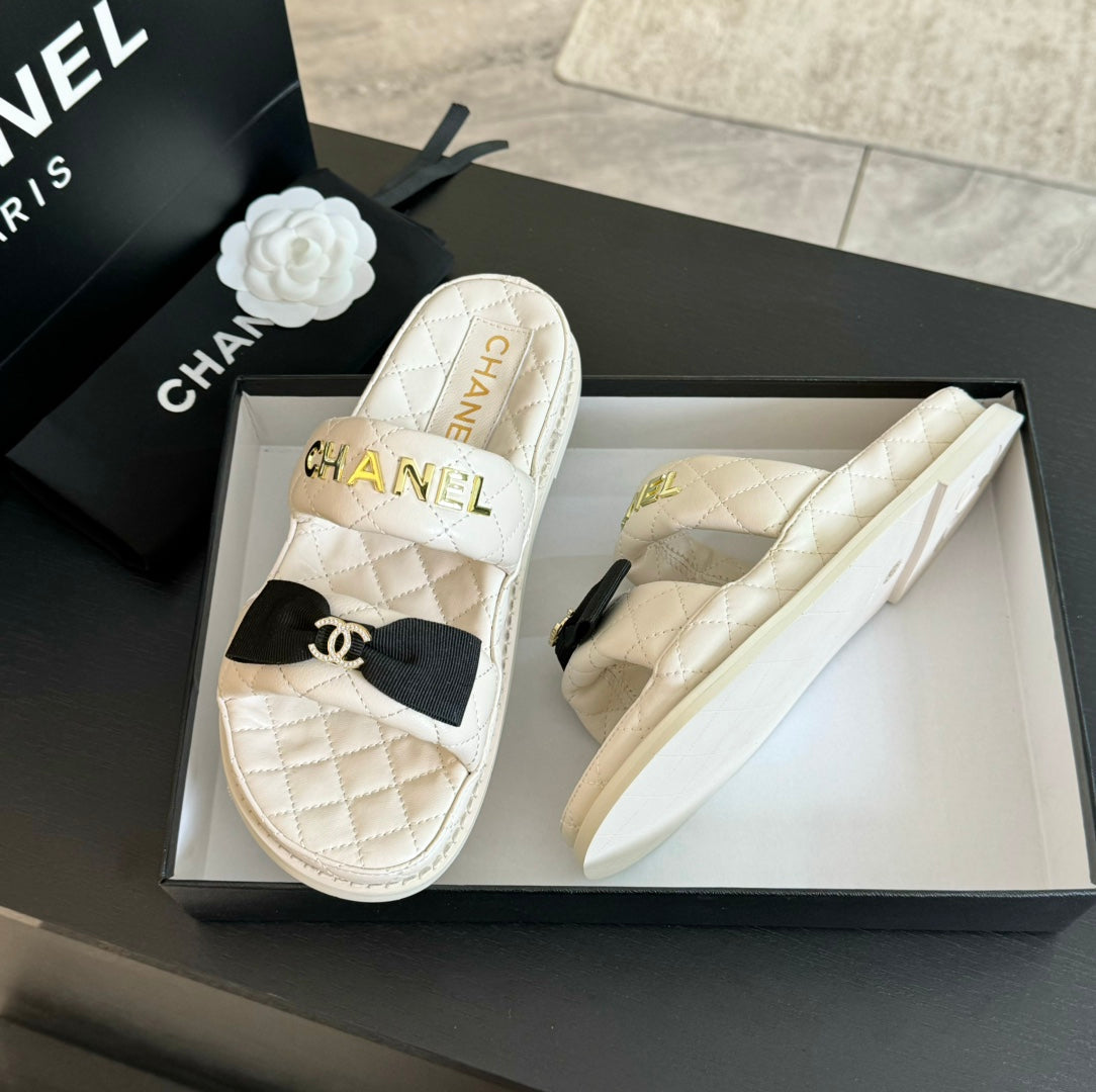 CHANEL Mule Sandals Lambskin White Black