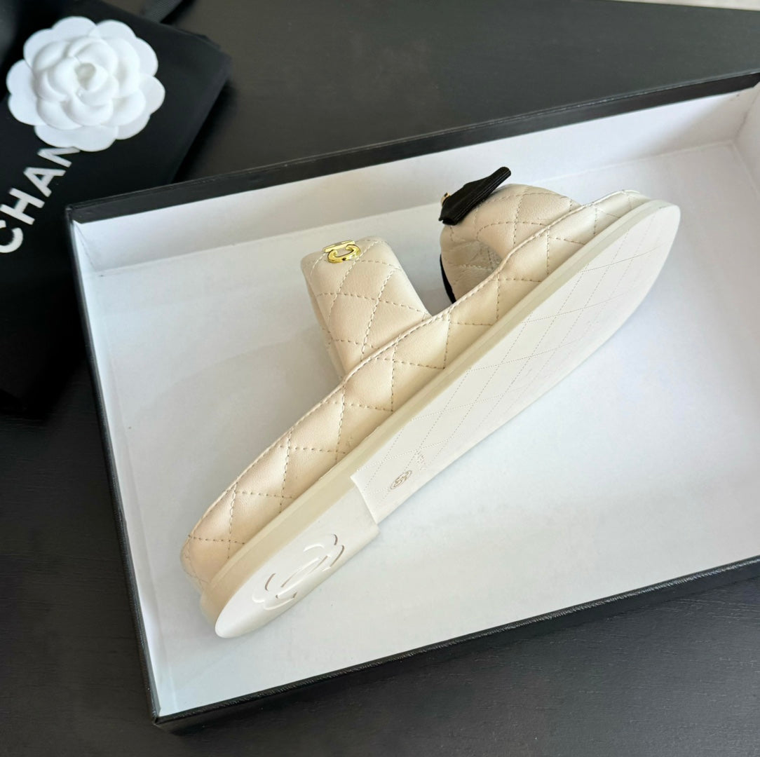 CHANEL Mule Sandals Lambskin White Black