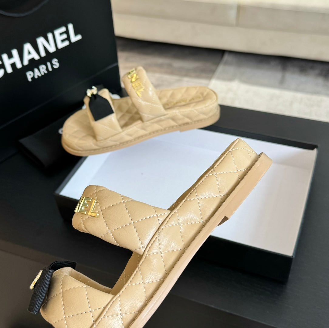 CHANEL Mule Sandals Lambskin Beige Cream