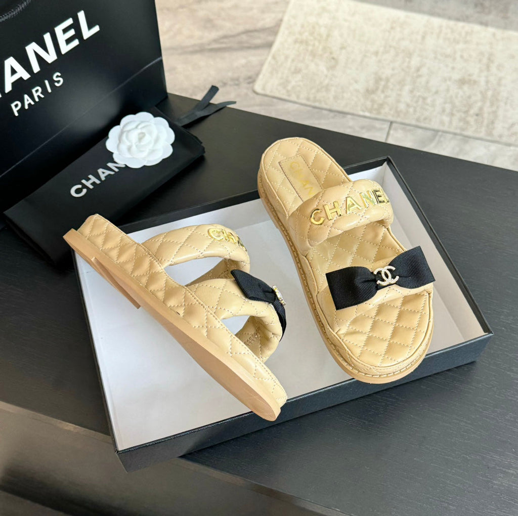 CHANEL Mule Sandals Lambskin Beige Cream
