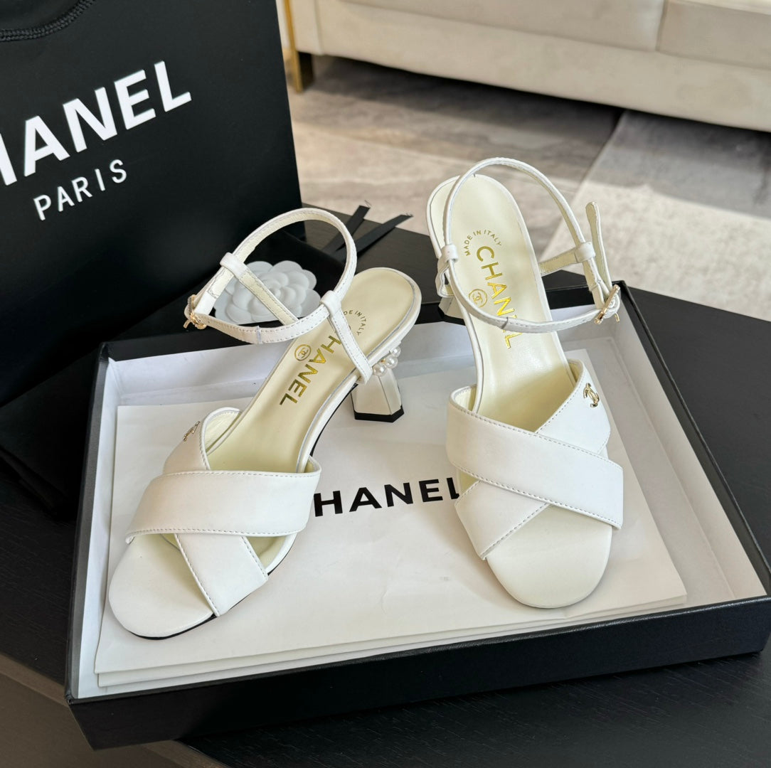 CHANEL High Sandals Lambskin White