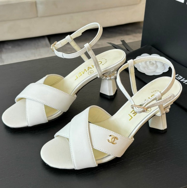 CHANEL High Sandals Lambskin White