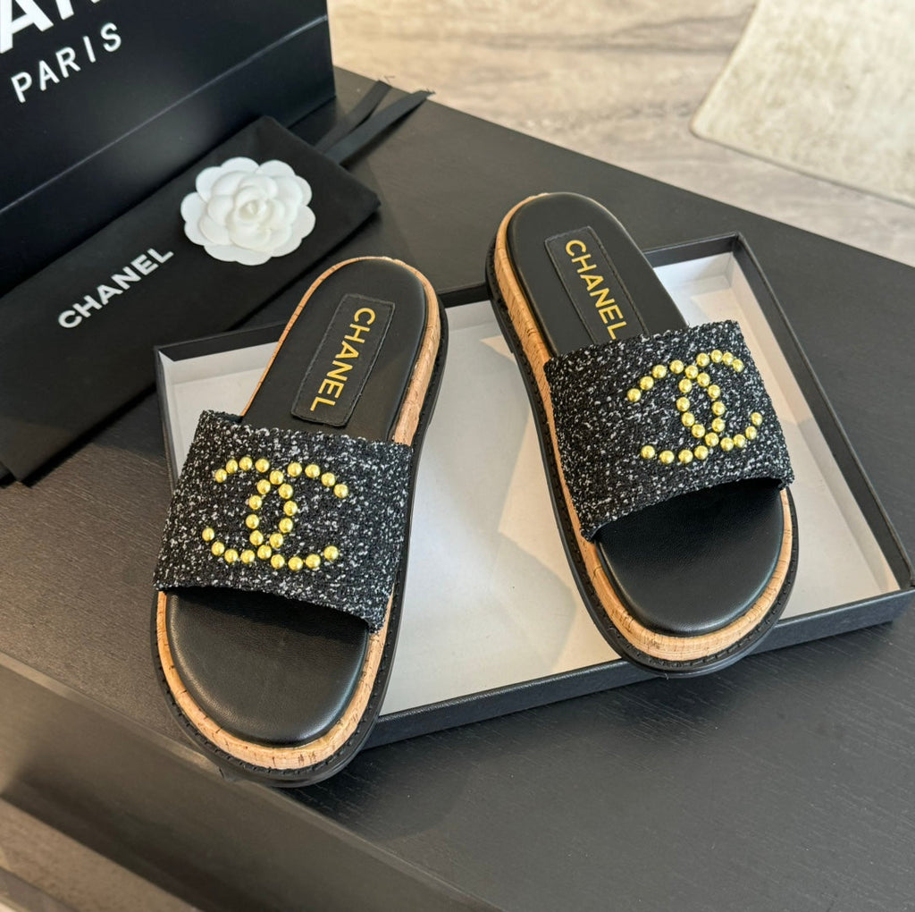 CHANEL Double C Wood Grain Platform Slippers Black Wool
