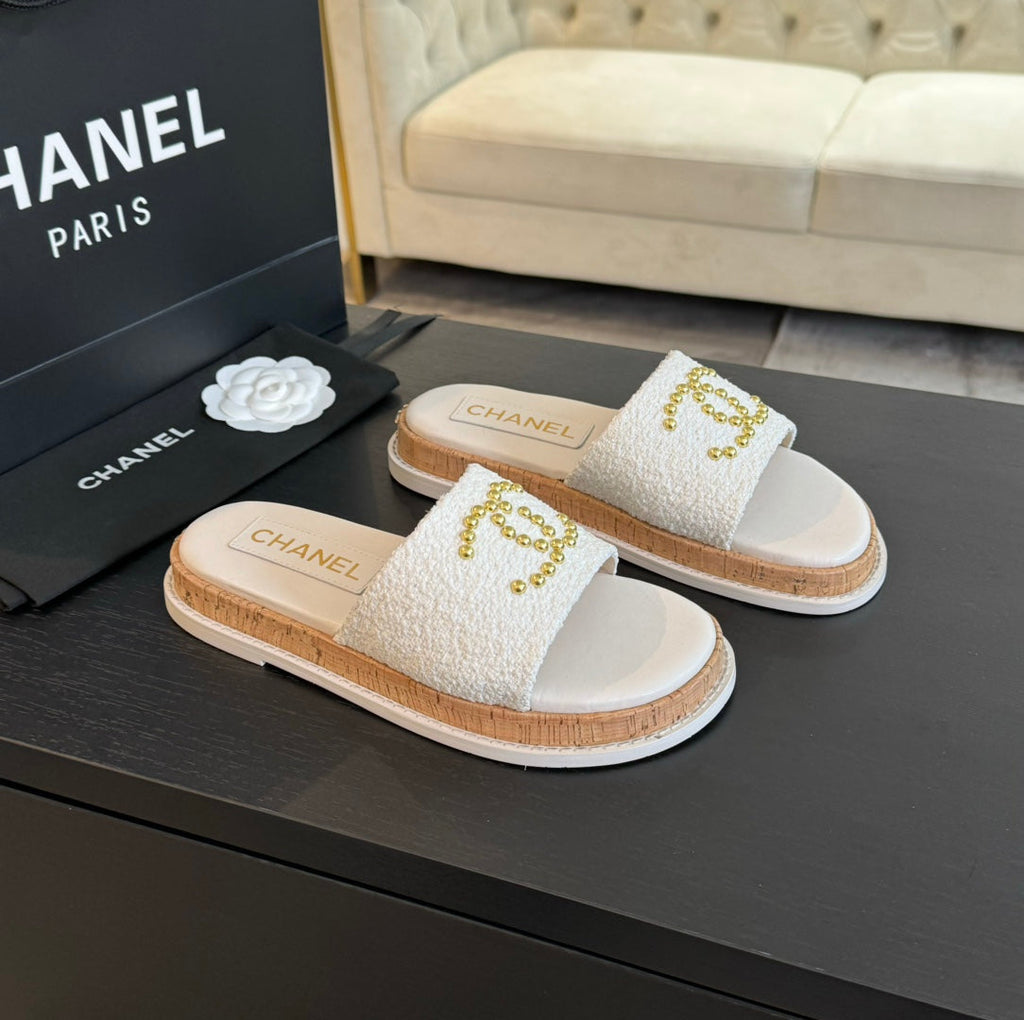 CHANEL Double C Wood Grain Platform Slippers White Wool