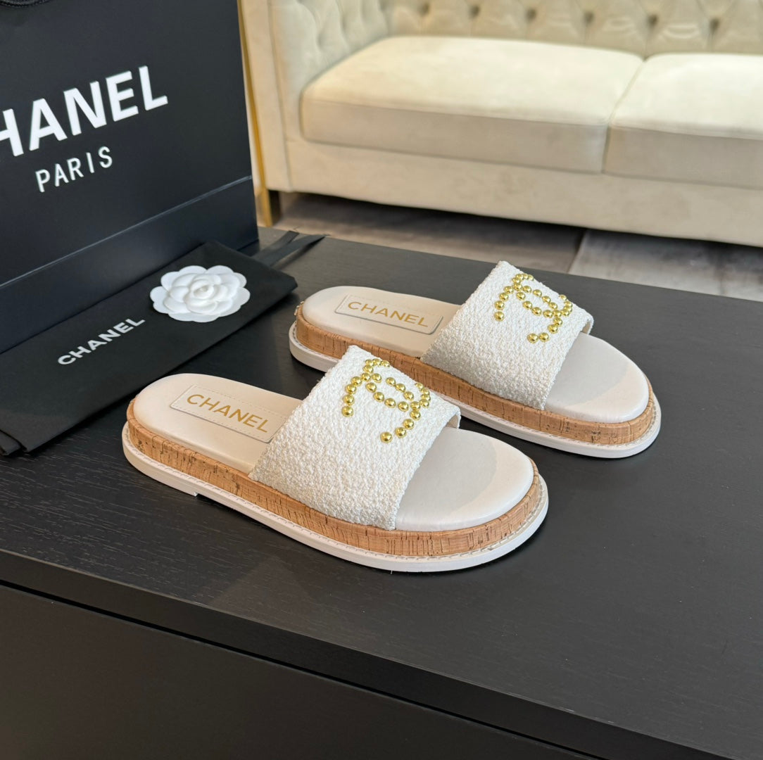 CHANEL Double C Wood Grain Platform Slippers White Wool