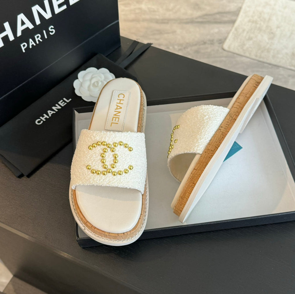 CHANEL Double C Wood Grain Platform Slippers White Wool