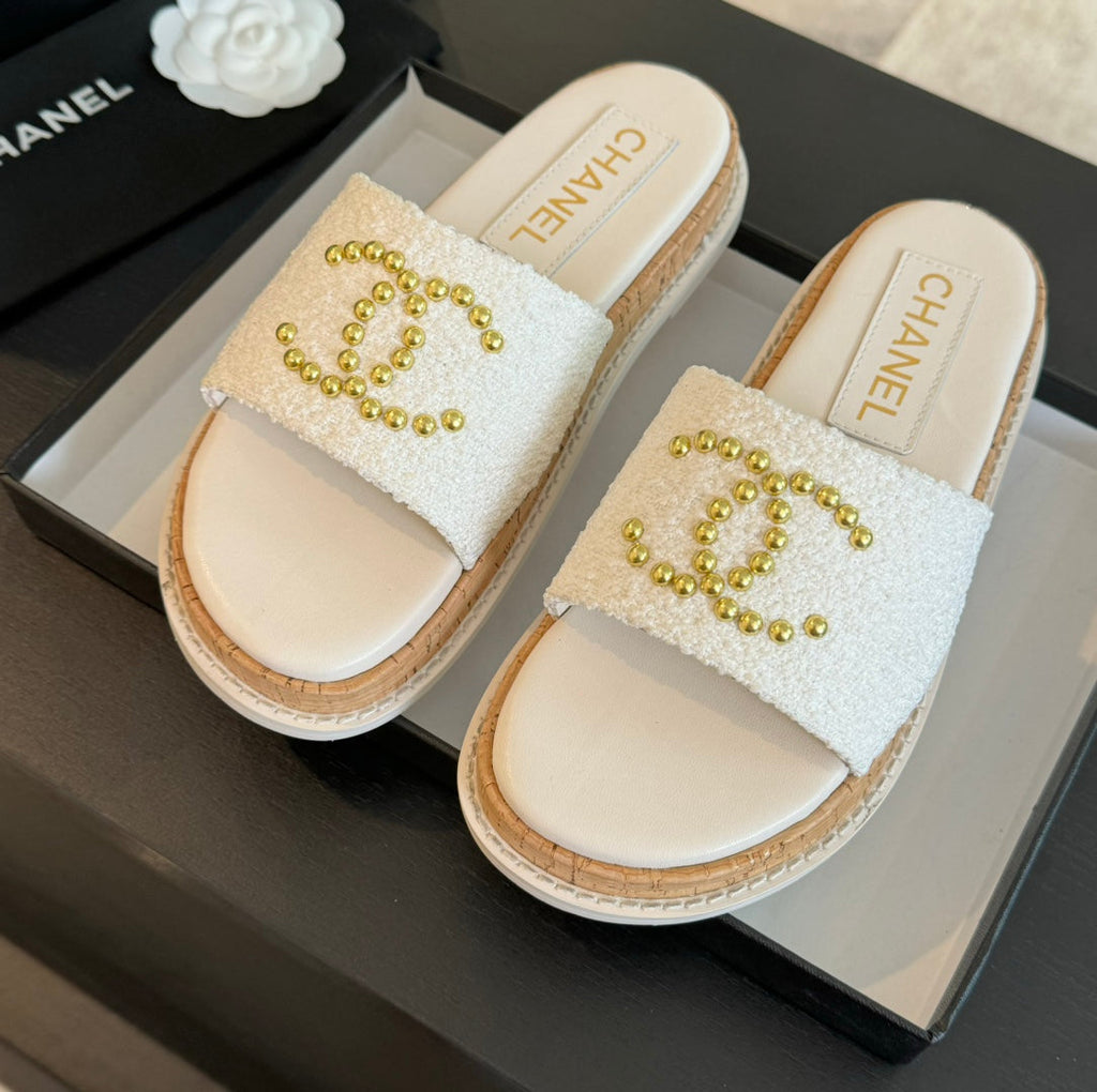CHANEL Double C Wood Grain Platform Slippers White Wool