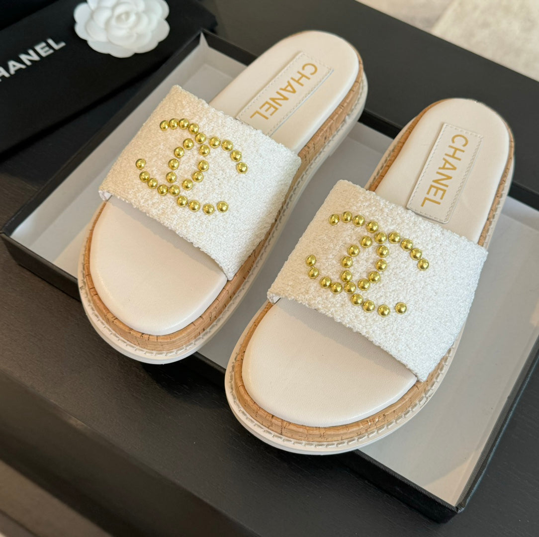 CHANEL Double C Wood Grain Platform Slippers White Wool
