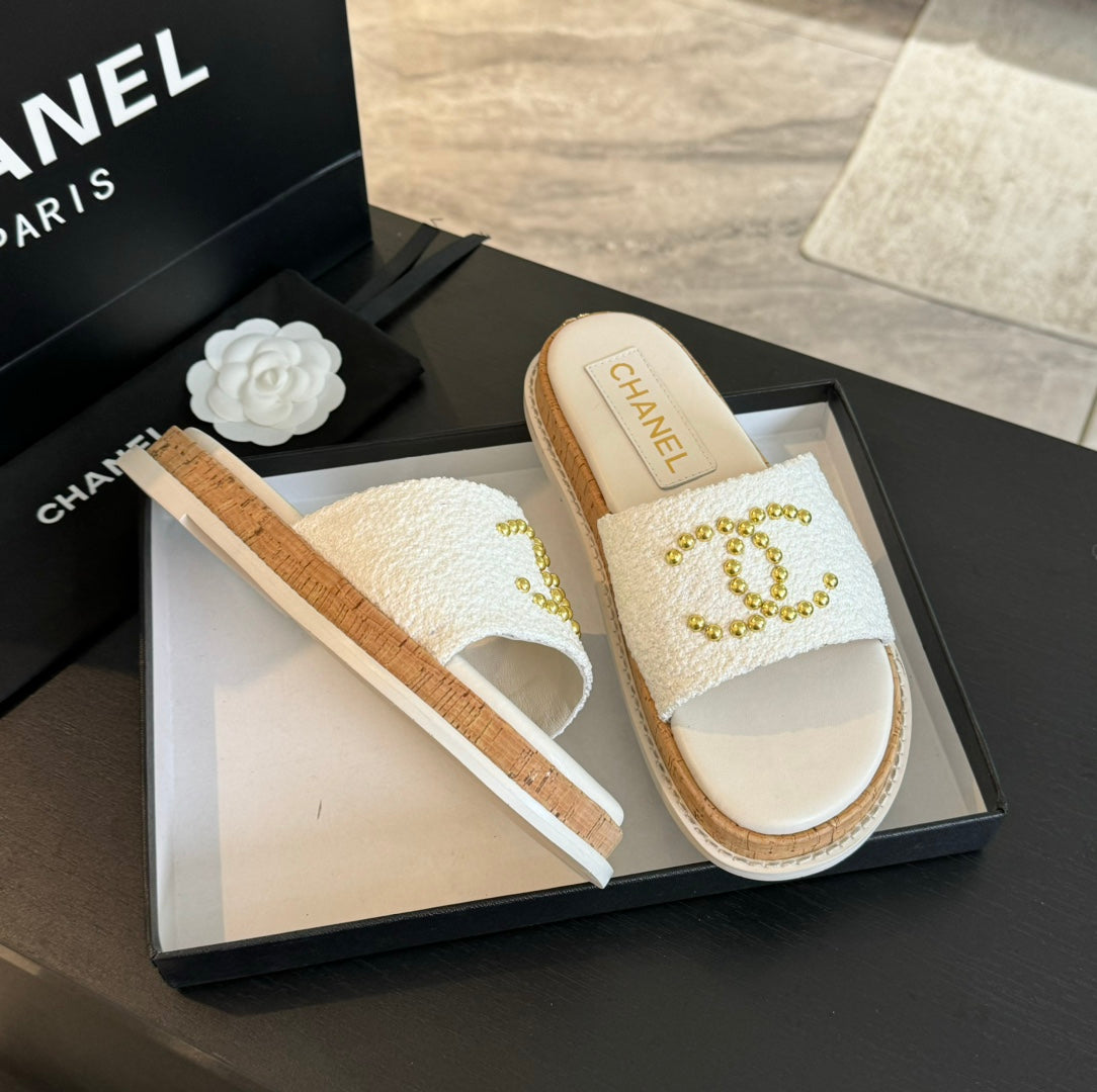 CHANEL Double C Wood Grain Platform Slippers White Wool