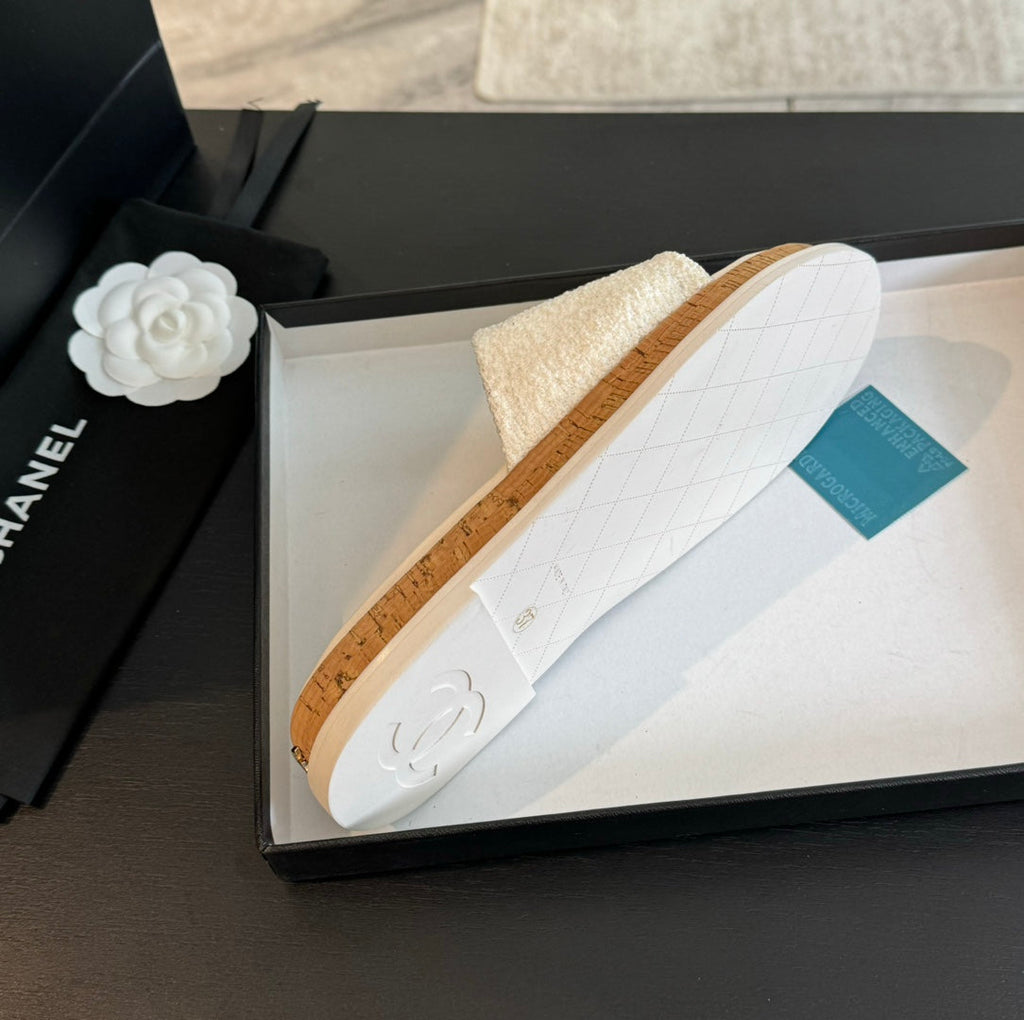 CHANEL Double C Wood Grain Platform Slippers White Wool