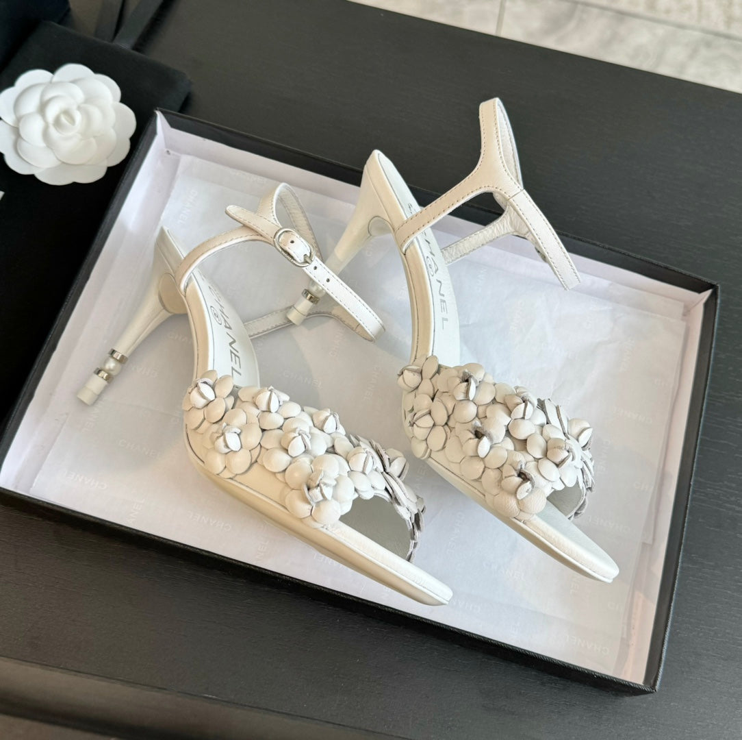 CHANEL Little Camellia World Thin High Sandals White Lambskin
