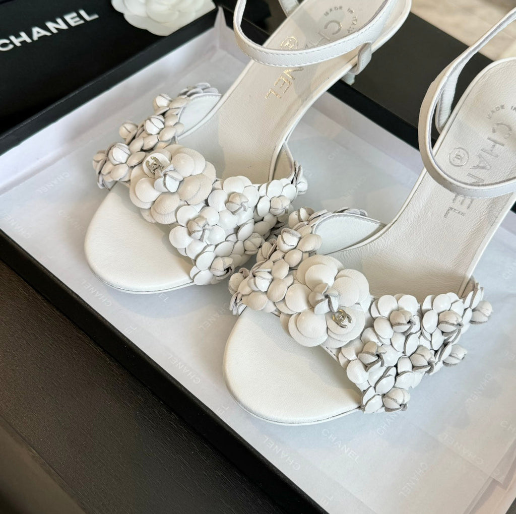 CHANEL Little Camellia World Thin High Sandals White Lambskin