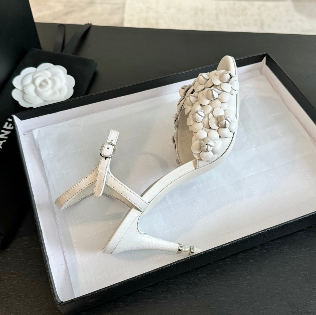 CHANEL Little Camellia World Thin High Sandals White Lambskin
