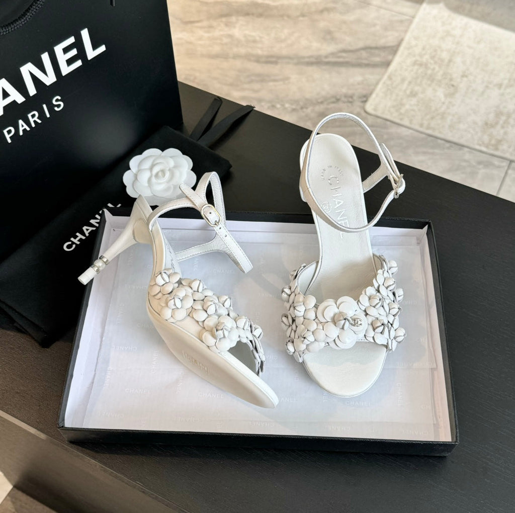 CHANEL Little Camellia World Thin High Sandals White Lambskin