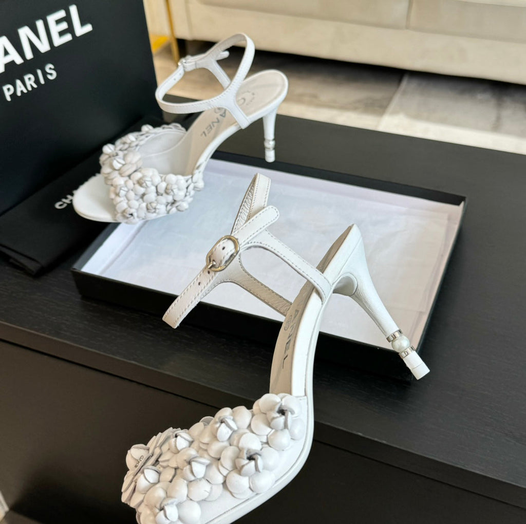 CHANEL Little Camellia World Thin High Sandals White Lambskin