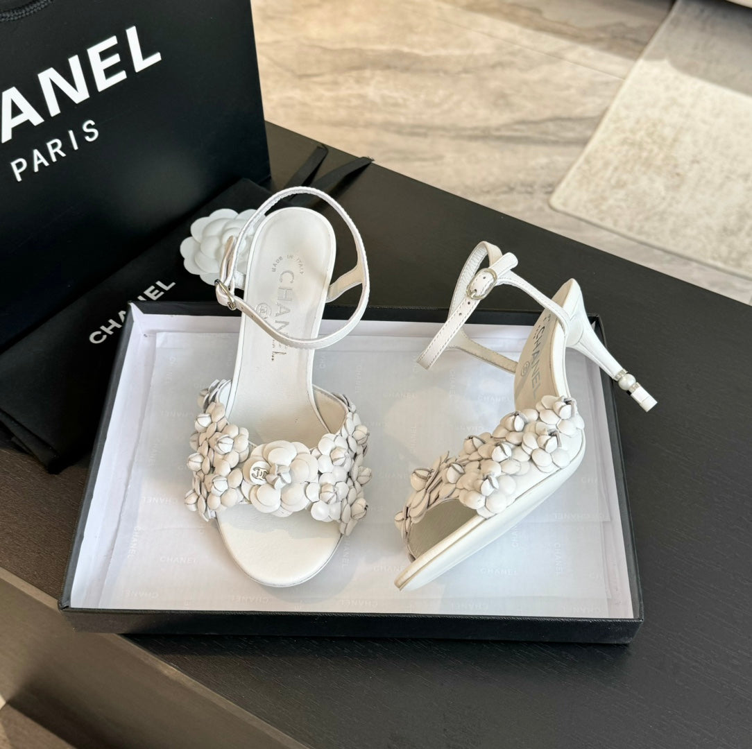 CHANEL Little Camellia World Thin High Sandals White Lambskin