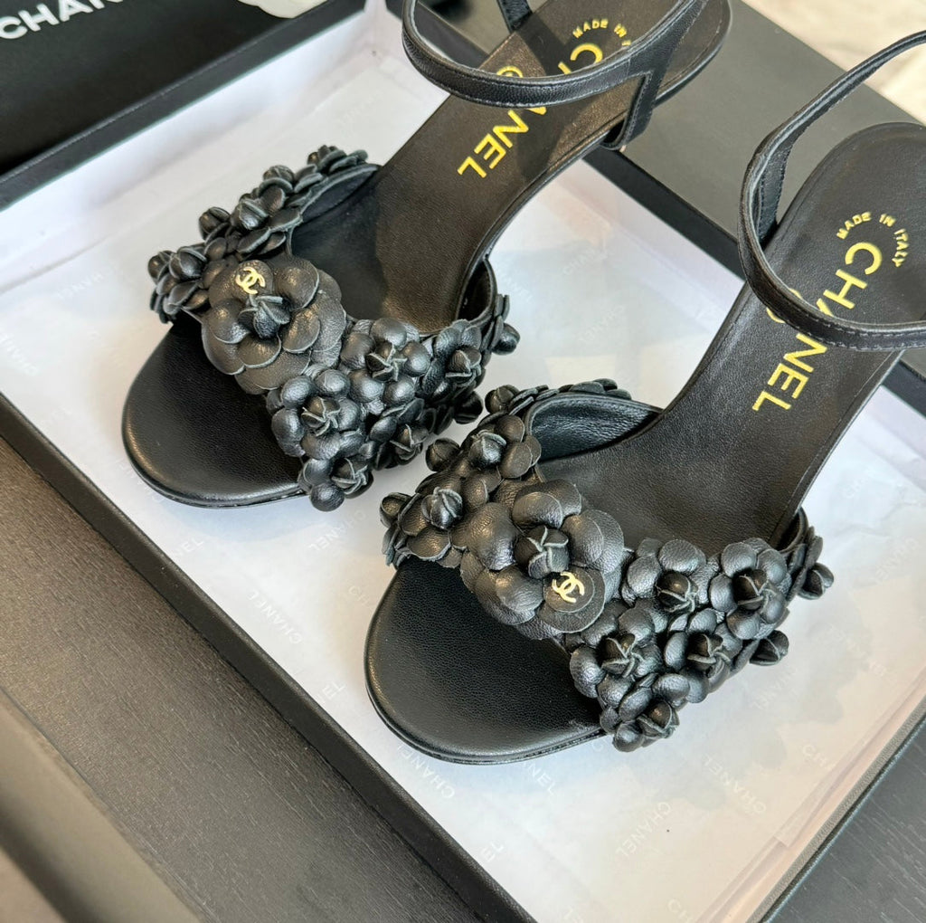 CHANEL Little Camellia World Thin High Sandals Black Lambskin
