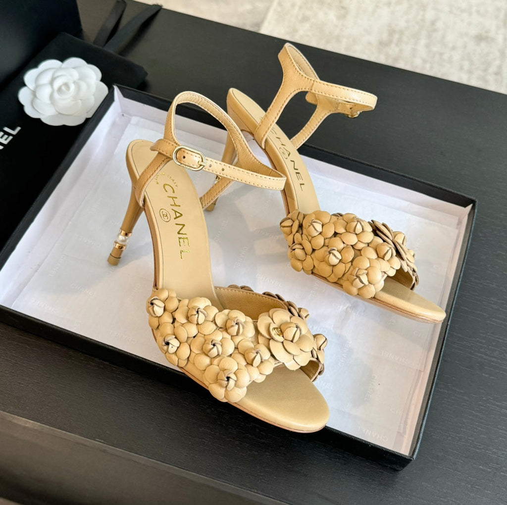 CHANEL Little Camellia World Thin High Sandals Tan Brown Lambskin