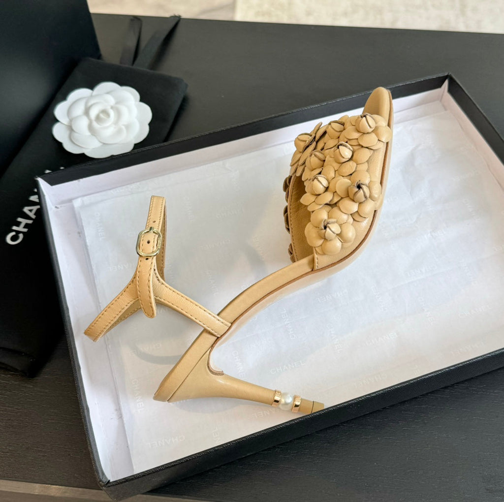 CHANEL Little Camellia World Thin High Sandals Tan Brown Lambskin