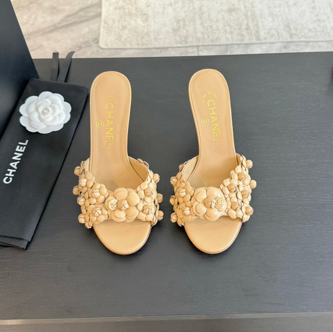 CHANEL Little Camellia World Thin High Heels Tan Brown Lambskin