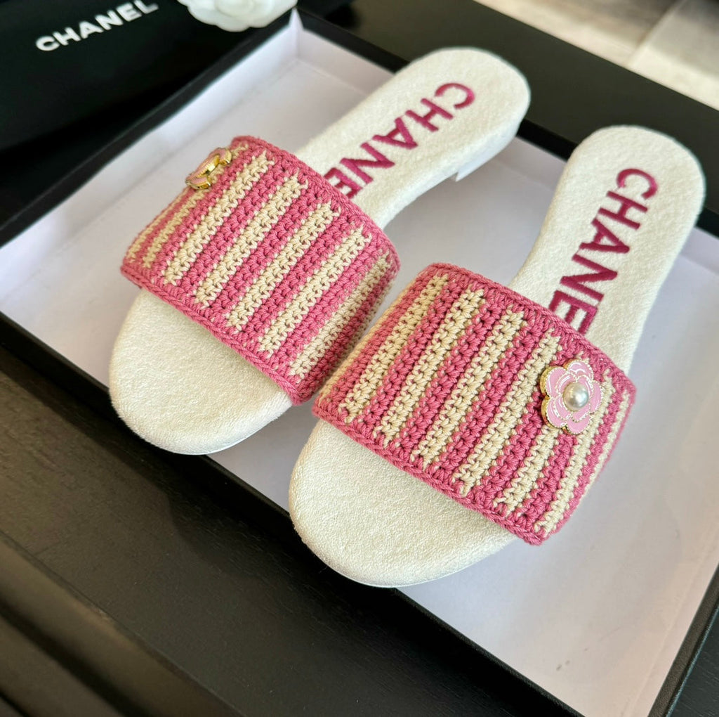 CHANEL Double C Sheepskins Knit Slippers White Pink