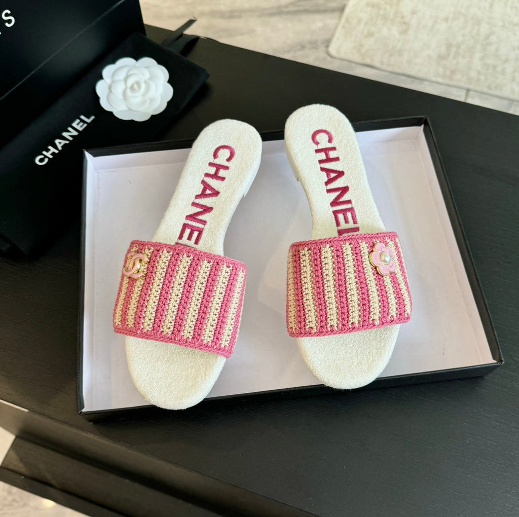 CHANEL Double C Sheepskins Knit Slippers White Pink
