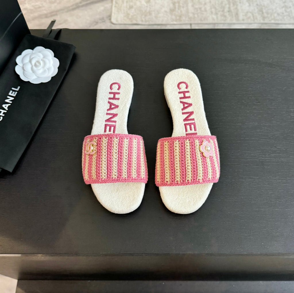 CHANEL Double C Sheepskins Knit Slippers White Pink