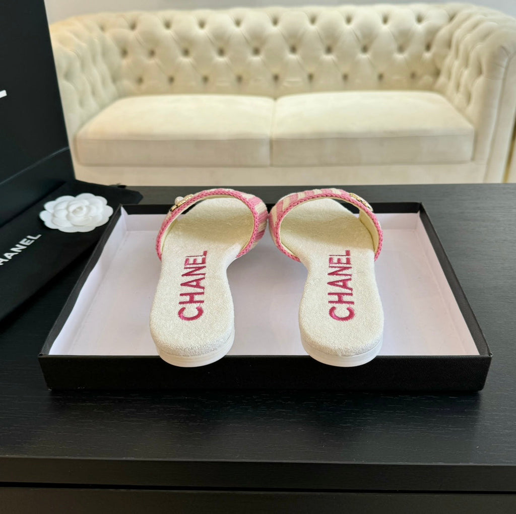 CHANEL Double C Sheepskins Knit Slippers White Pink