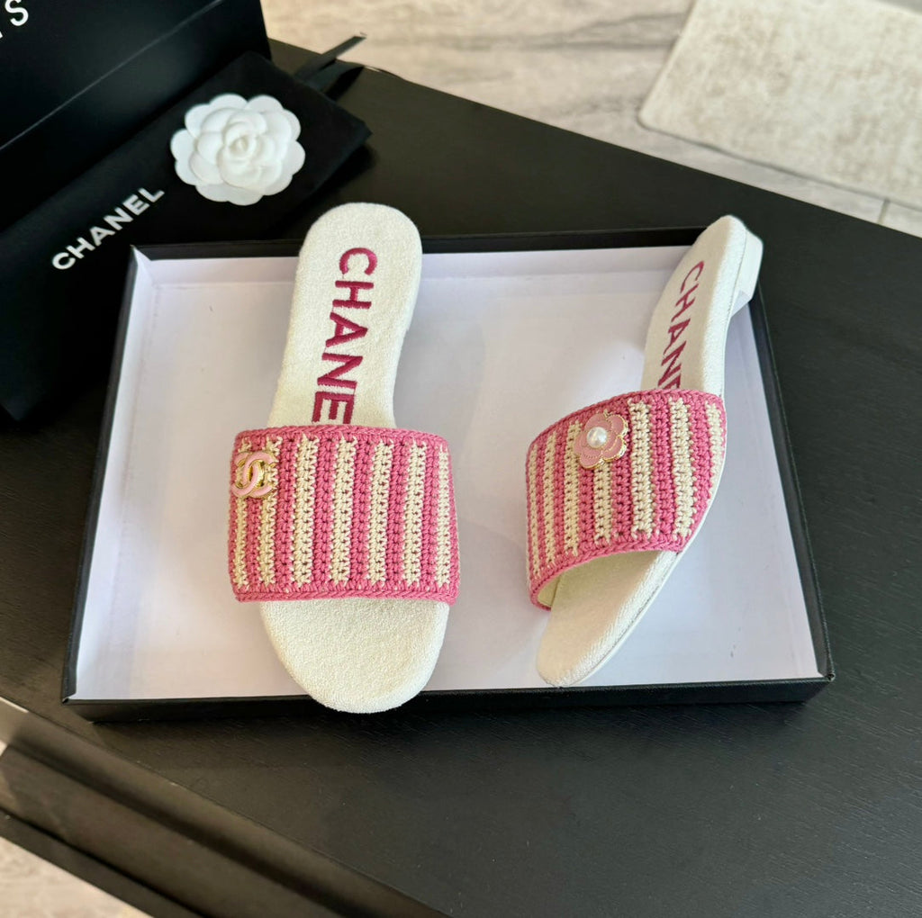 CHANEL Double C Sheepskins Knit Slippers White Pink