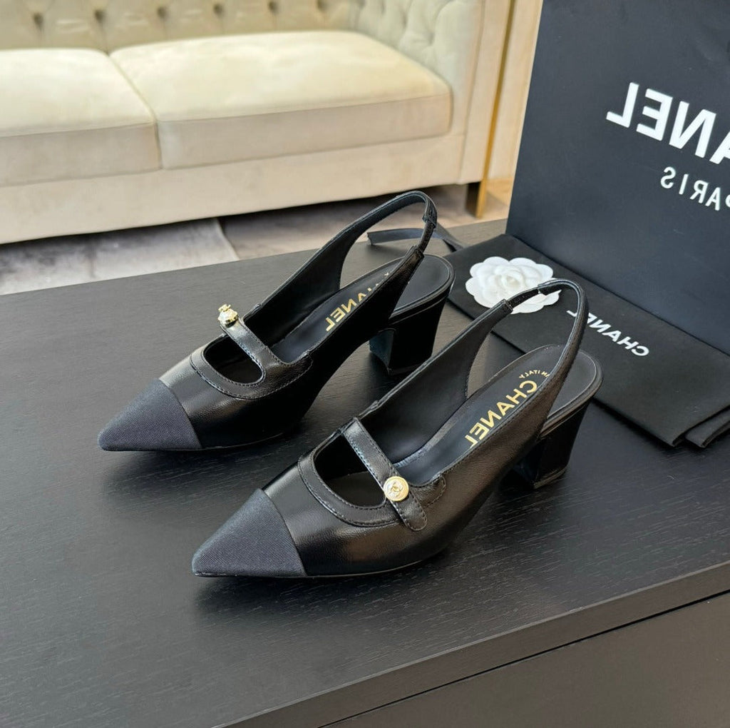CHANEL Double C WOMEN'S Slingback SPIRIT TOE Black Lambskin