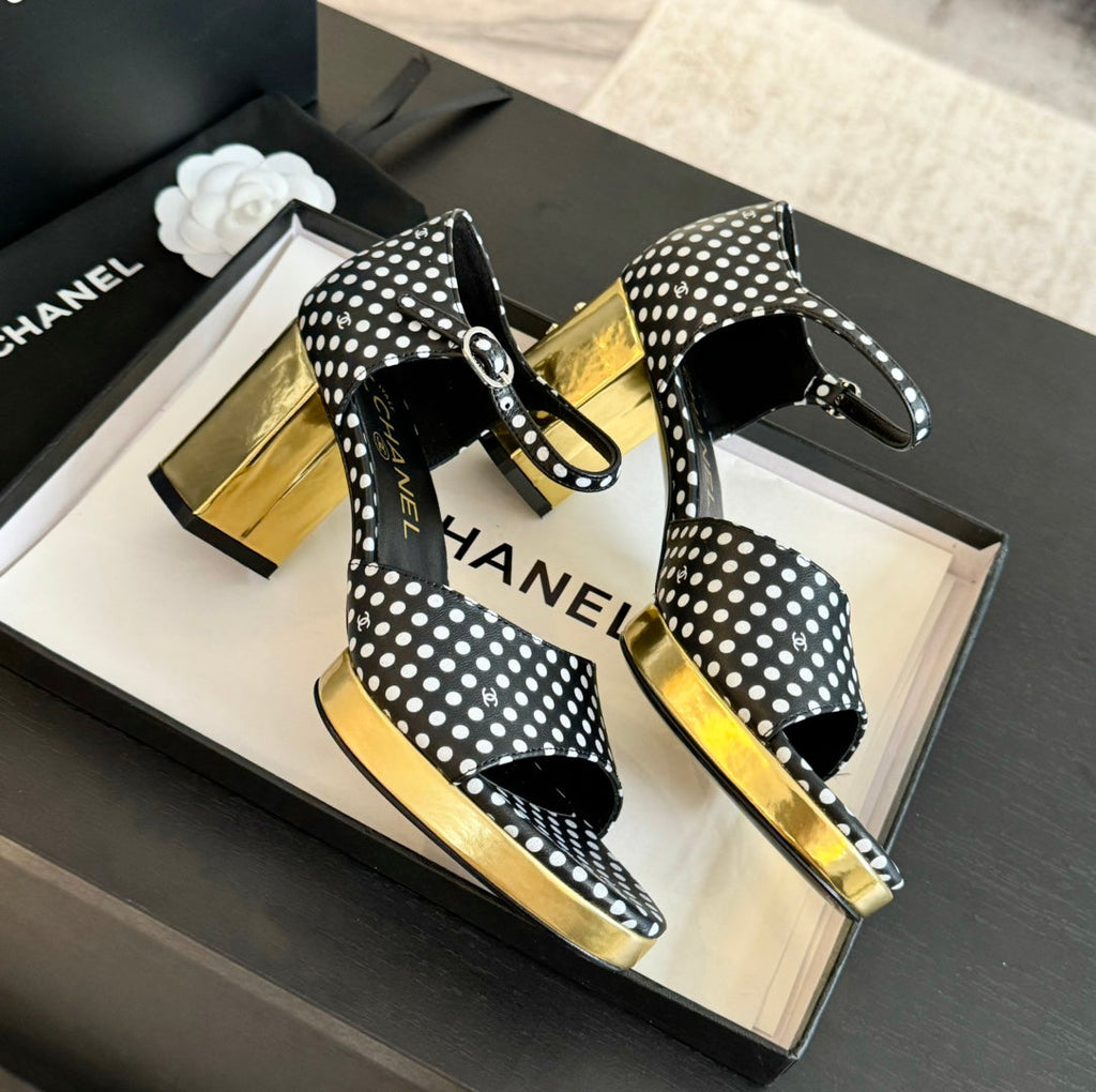 CHANEL Platform Peep-Toe Sandals Black/White Caro Lambskin