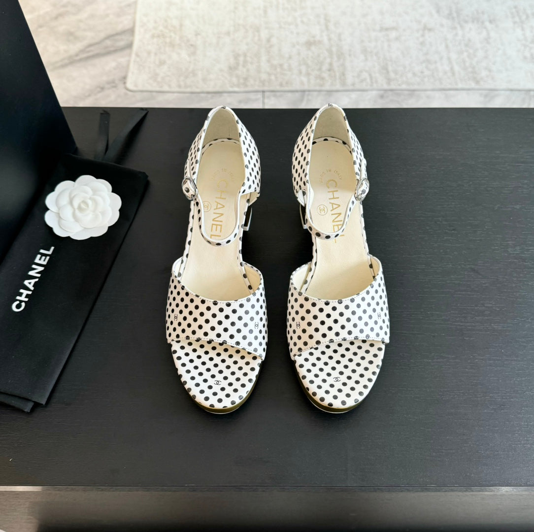 CHANEL Platform Peep-Toe Sandals White/Black Caro Lambskin