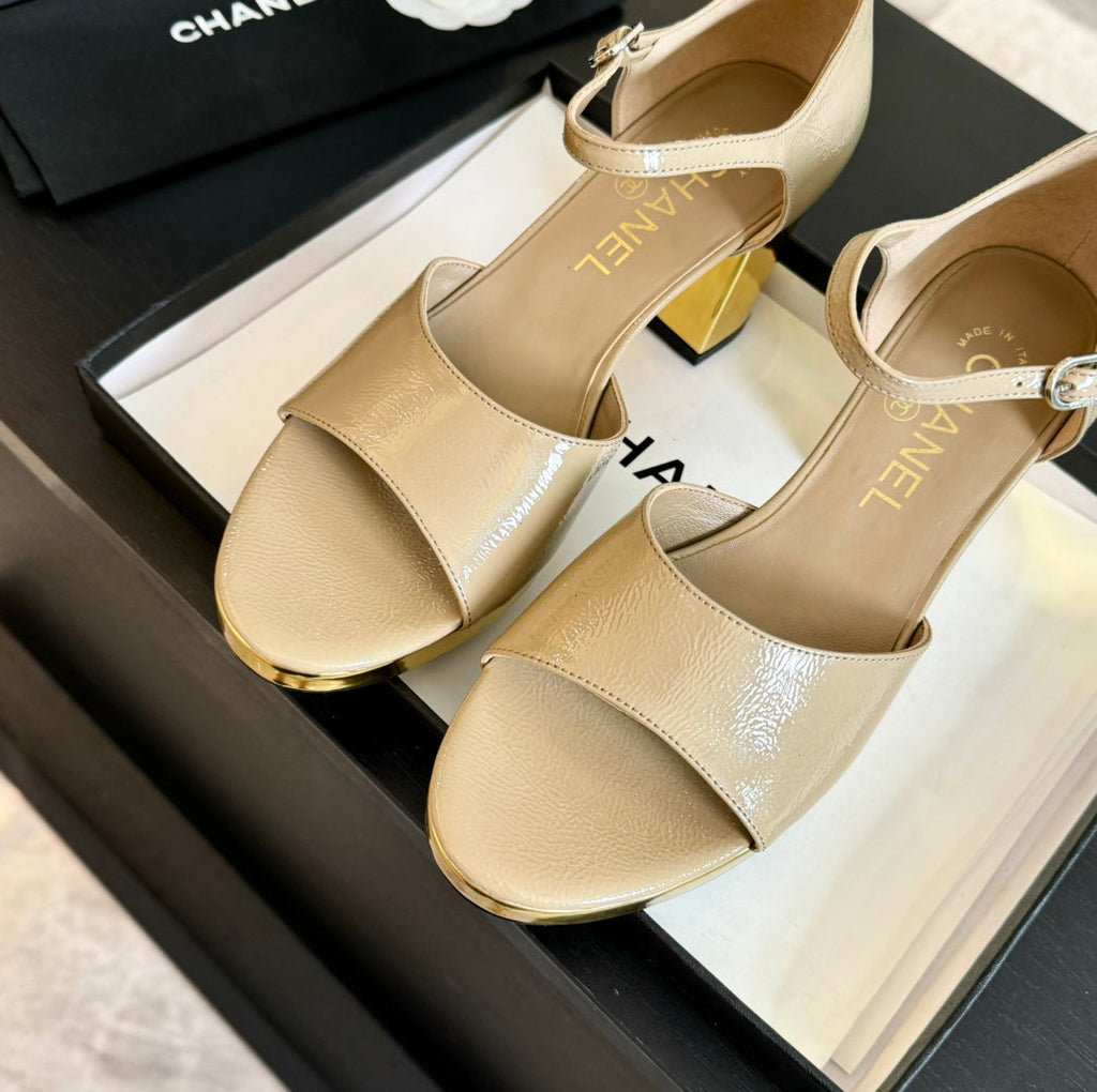 CHANEL Platform Peep-Toe Sandals Beige Cream Lambskin