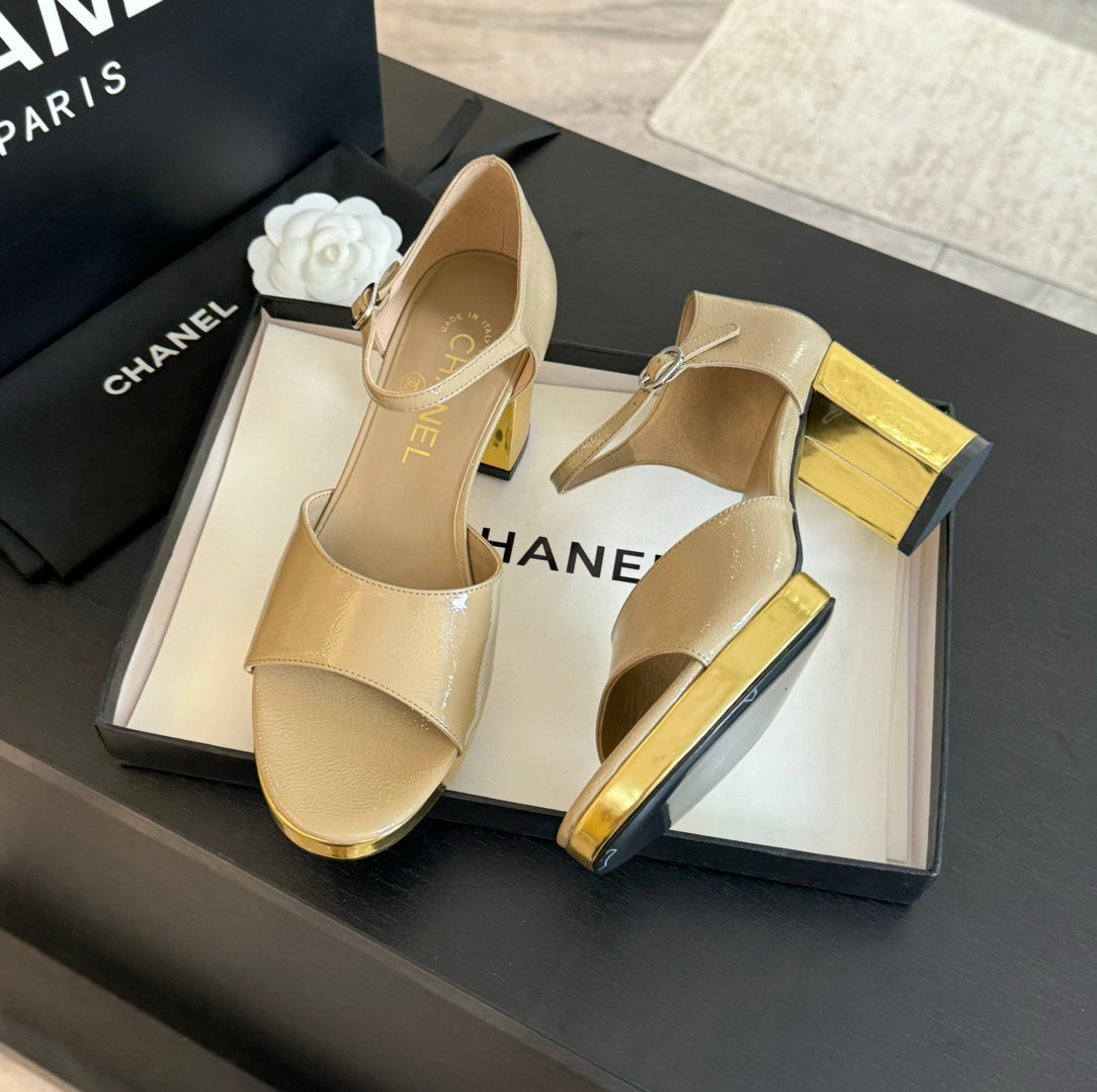 CHANEL Platform Peep-Toe Sandals Beige Cream Lambskin