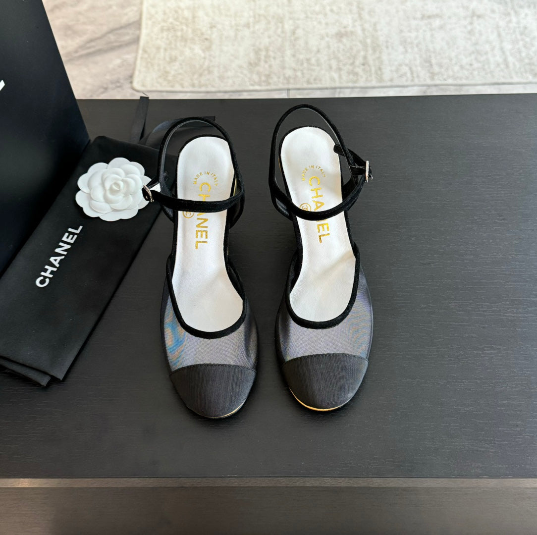 CHANEL Waterproof Platform High Heels Transparent Heel Mesh  Black