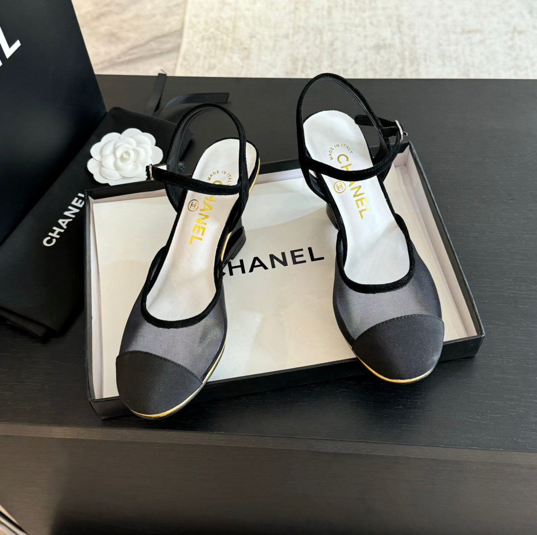 CHANEL Waterproof Platform High Heels Transparent Heel Mesh  Black