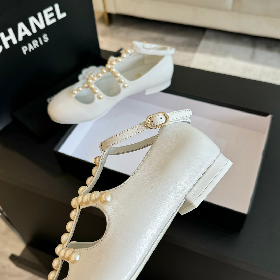 CHANEL MARY JANES SHOES WHITE GOATSKIN WITH FAUX PEARL