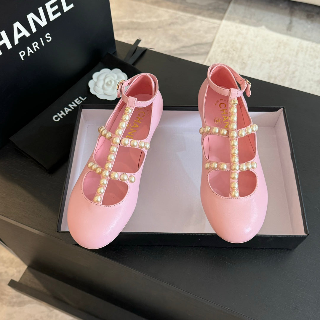 CHANEL MARY JANES SHOES LIGHT PINK GOATSKIN WITH FAUX PEARL