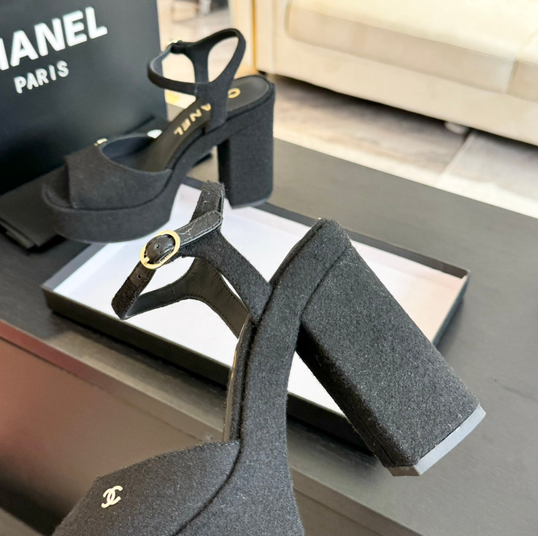 CHANEL HIGH HEEL PLATFORM SANDALS IN BLACK SUEDE