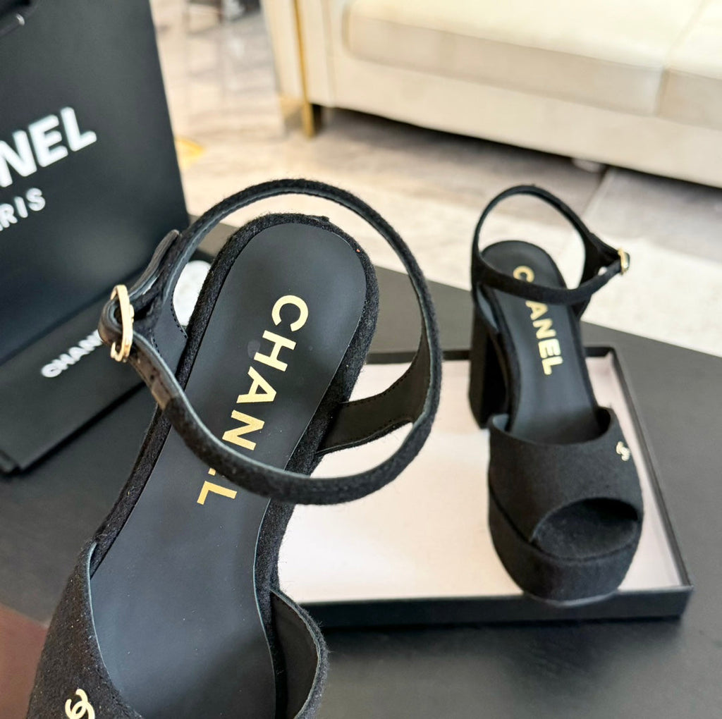 CHANEL HIGH HEEL PLATFORM SANDALS IN BLACK SUEDE