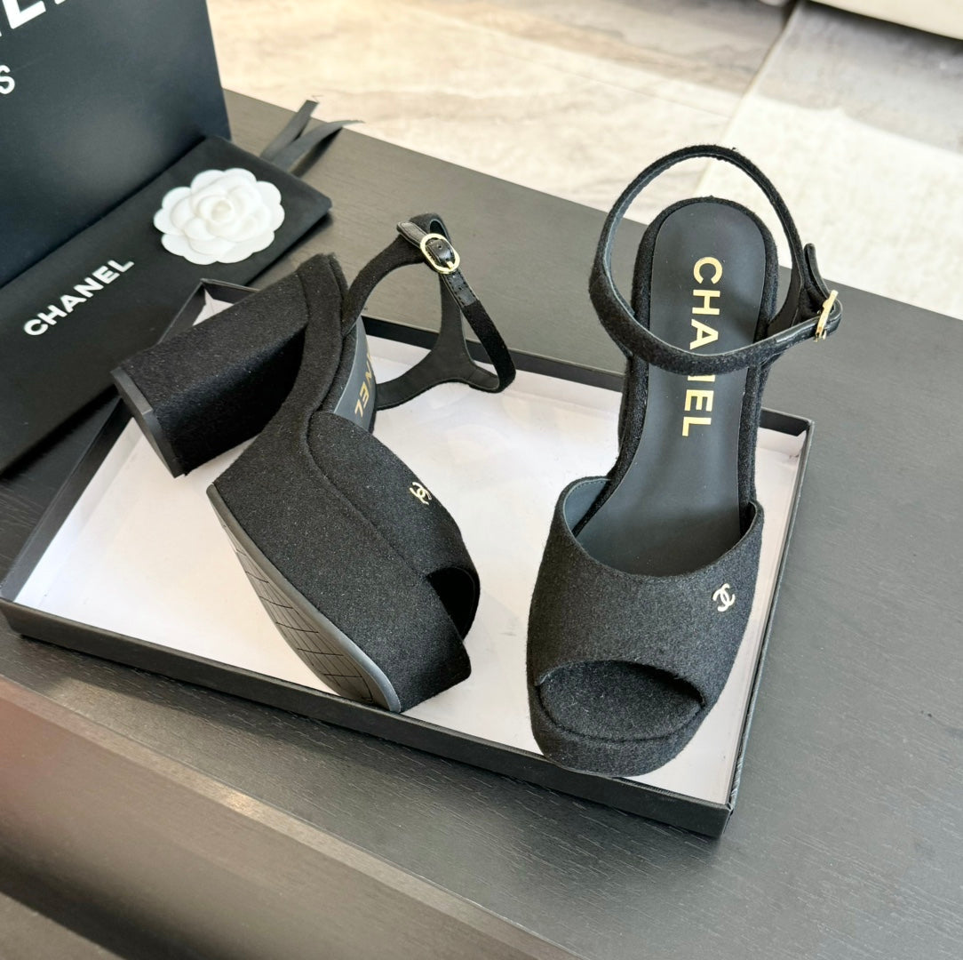 CHANEL HIGH HEEL PLATFORM SANDALS IN BLACK SUEDE
