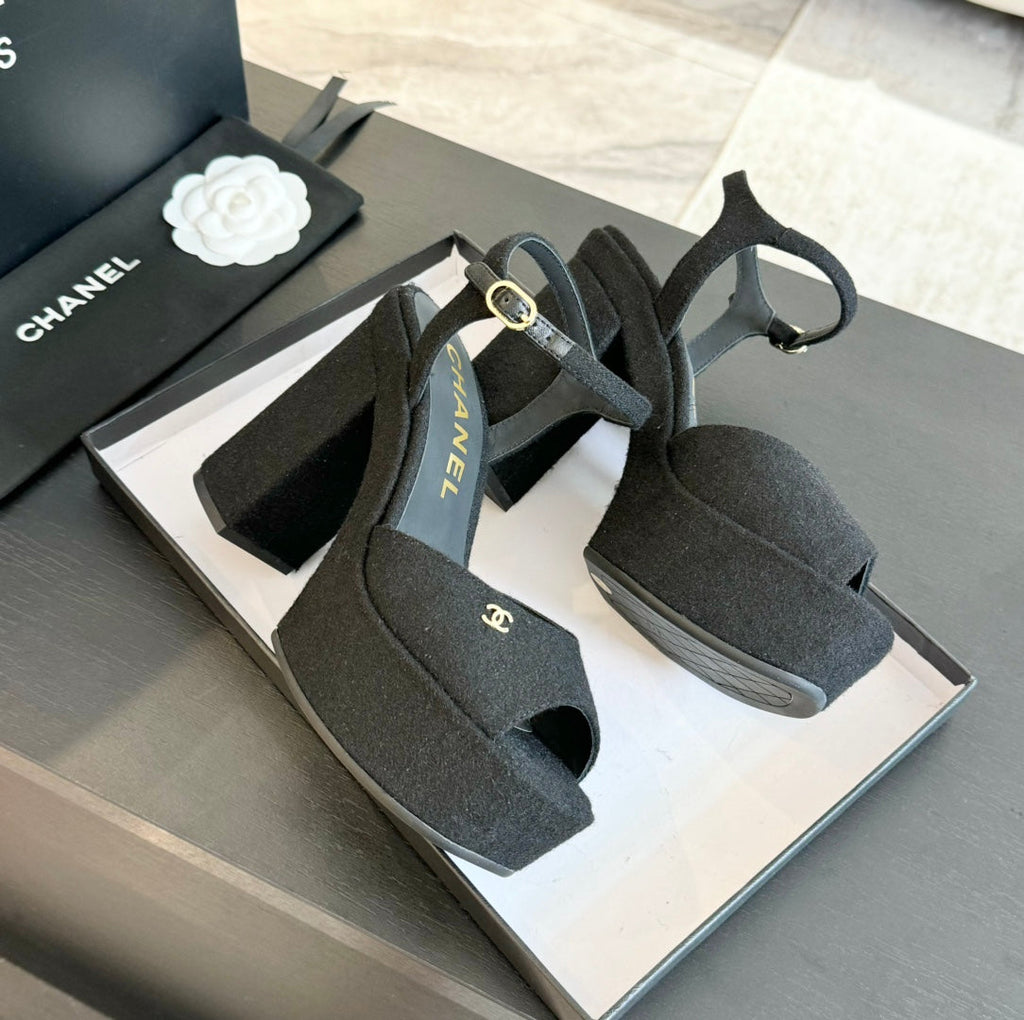 CHANEL HIGH HEEL PLATFORM SANDALS IN BLACK SUEDE