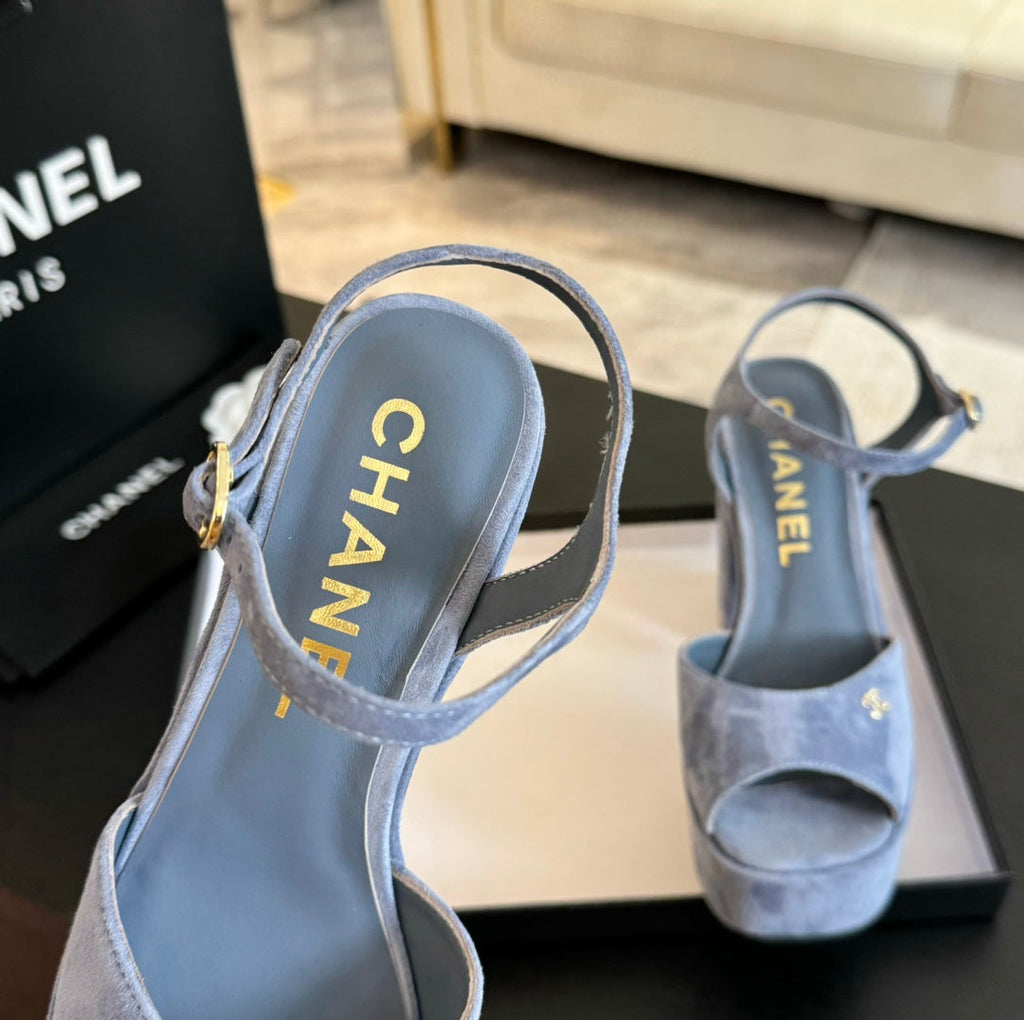 CHANEL HIGH HEEL PLATFORM SANDALS IN PIGEON BLUE SUEDE