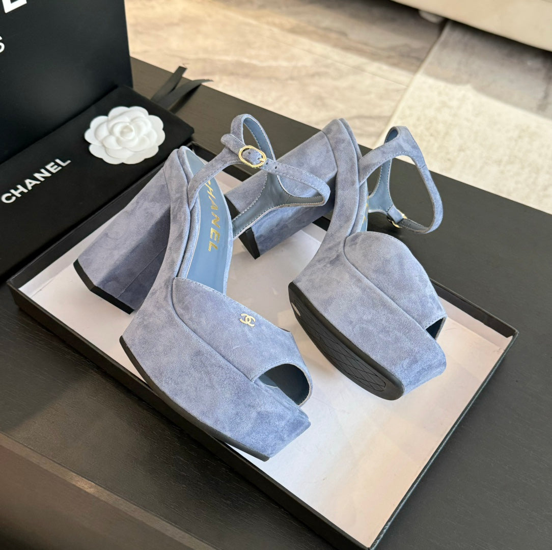 CHANEL HIGH HEEL PLATFORM SANDALS IN PIGEON BLUE SUEDE