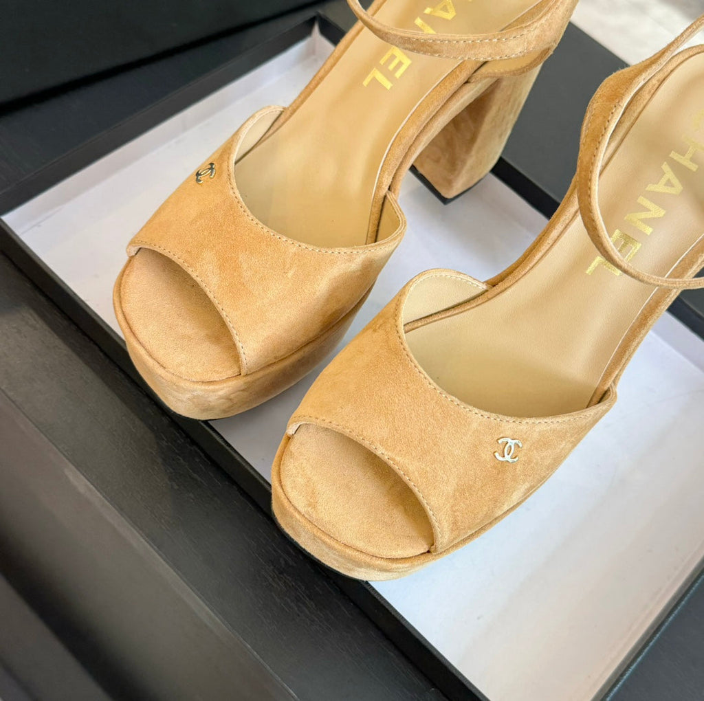 CHANEL HIGH HEEL PLATFORM SANDALS IN SAND YELLOW SUEDE
