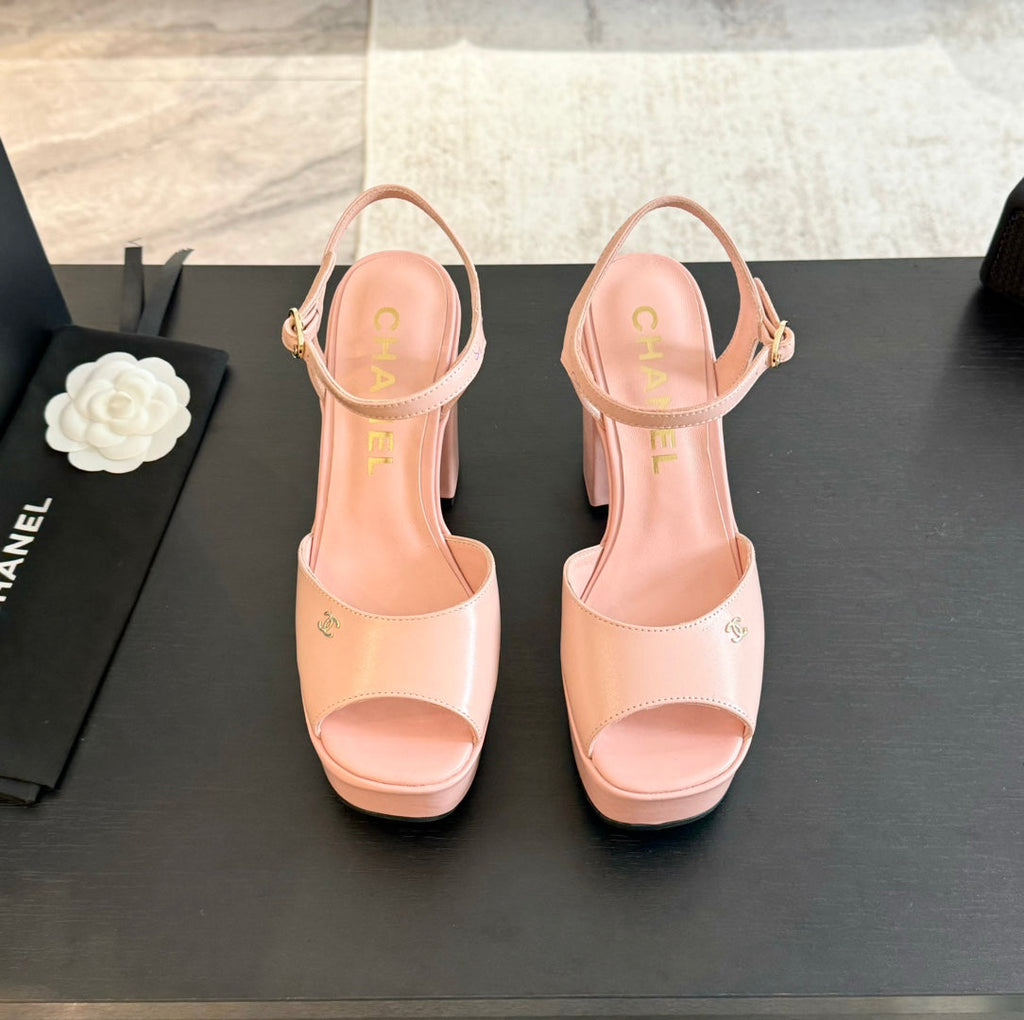 CHANEL HIGH HEEL PLATFORM SANDALS IN PEACH PINK CALFSKIN