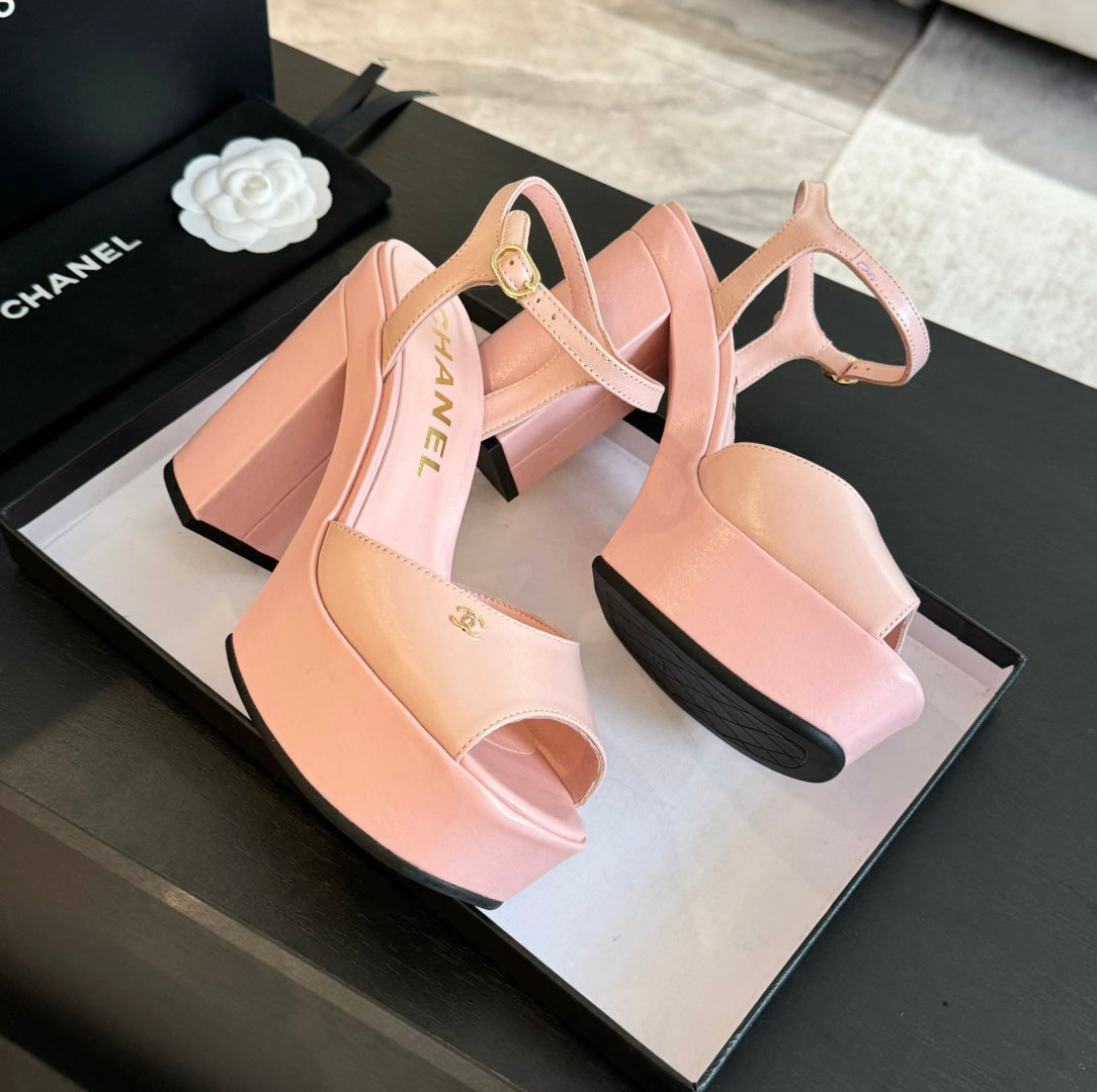 CHANEL HIGH HEEL PLATFORM SANDALS IN PEACH PINK CALFSKIN