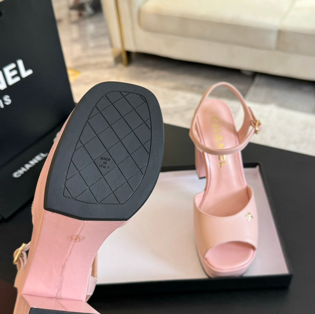 CHANEL HIGH HEEL PLATFORM SANDALS IN PEACH PINK CALFSKIN