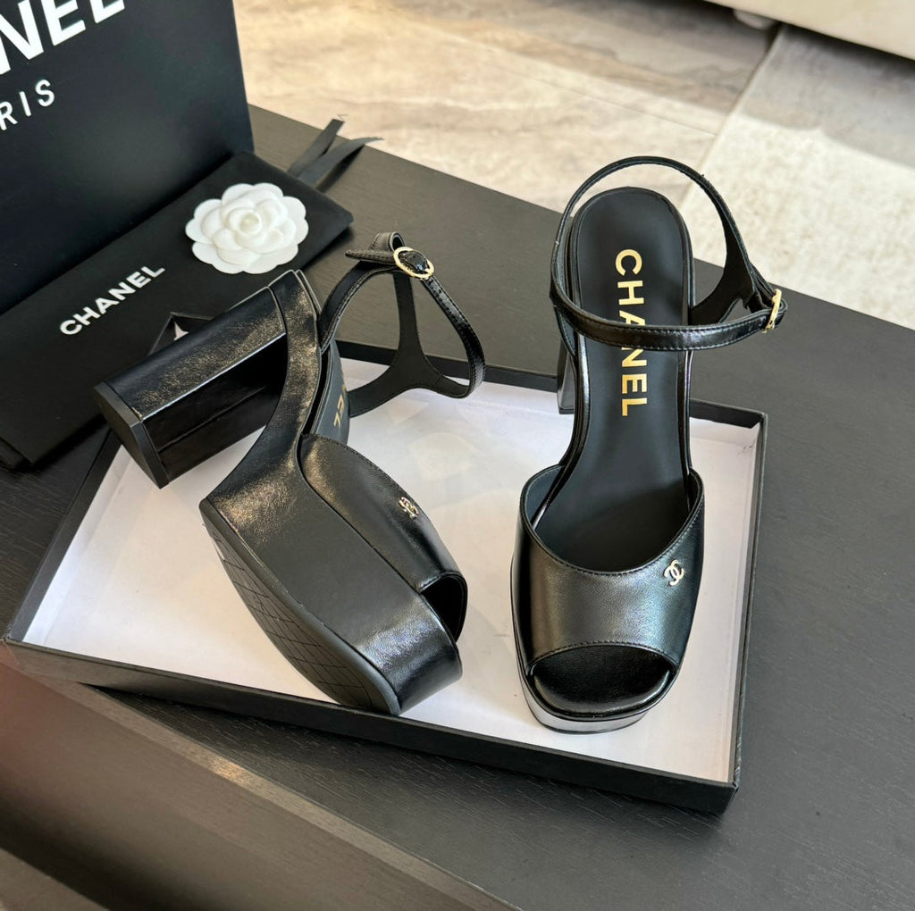 CHANEL HIGH HEEL PLATFORM SANDALS IN BLACK CALFSKIN